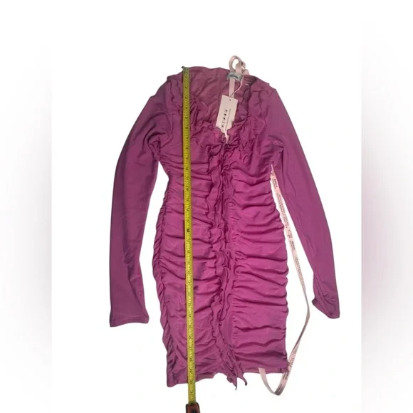 NWT Oh Polly Yara Hot Pink Long Sleeve Ruched Mini Bodycon Dress 6 - Picture 7 of 11